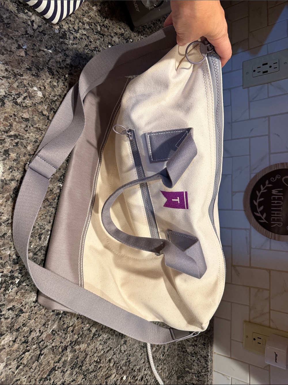 Lands' End Cream Canvas Duffel with Gray Straps and Purple Logo